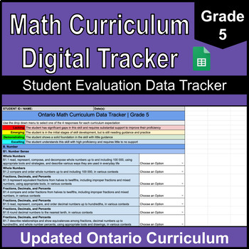 Preview of Grade 5 Digital Math Data Tracker | Ontario Math Curriculum | Google Sheets
