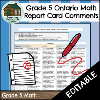 Preview of Grade 5 MATH Ontario Report Card Comments (Use with Google Docs™)