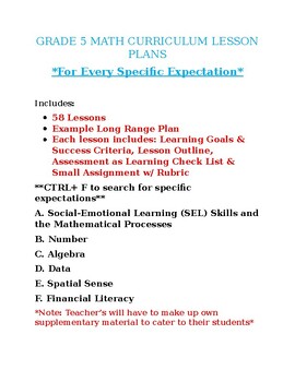 Preview of Grade 5 Math 2023 Lesson Plans A-F (58 Lesson Plans)