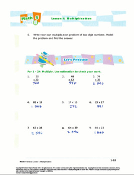 grade 5 math operations w whole numbers l1 multiplication worksheet 5 nbt b 5