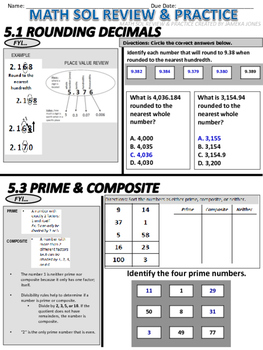 grade 5 math sol review packet by jameka jones tpt tpt