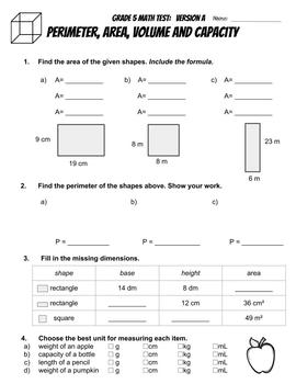 grade 5 measurement tests capacity volume area and perimeter 2 versions