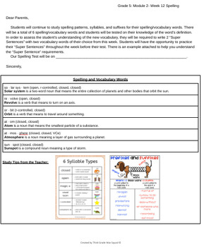 Preview of Grade 5 Module 2- Week 12: Spelling Words Letter to Parents (Bookworms)