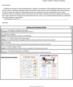Preview of Grade 5 Module 2- Week 13: Spelling Words Letter to Parents (Bookworms)