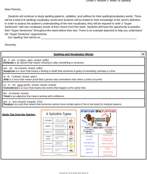 Preview of Grade 5 Module 2- Week 14: Spelling Words Letter to Parents (Bookworms)