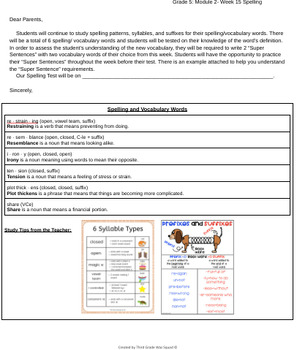 Preview of Grade 5 Module 2- Week 15: Spelling Words Letter to Parents (Bookworms)