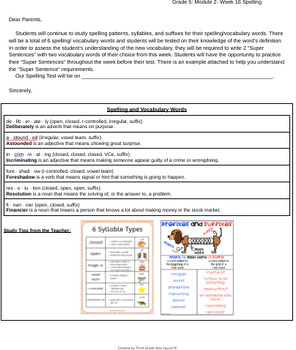 Preview of Grade 5 Module 2- Week 16: Spelling Words Letter to Parents (Bookworms)