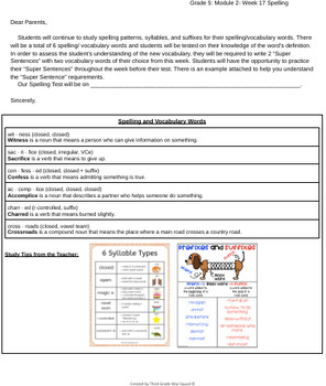 Preview of Grade 5 Module 2- Week 17: Spelling Words Letter to Parents (Bookworms)