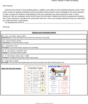 Preview of Grade 5 Module 3- Week 18: Spelling Words Letter to Parents (Bookworms)