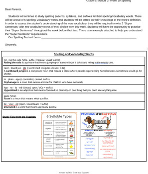 Preview of Grade 5 Module 3- Week 19: Spelling Words Letter to Parents (Bookworms)