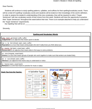 Preview of Grade 5 Module 3- Week 20: Spelling Words Letter to Parents (Bookworms)