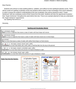 Preview of Grade 5 Module 3- Week 23: Spelling Words Letter to Parents (Bookworms)