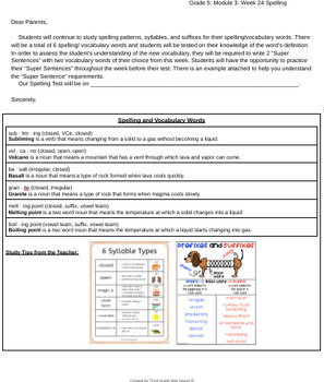 Preview of Grade 5 Module 3- Week 24: Spelling Words Letter to Parents (Bookworms)