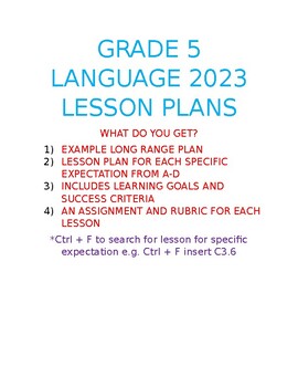 Preview of Grade 5 Ontario Curriculum Language 2023 Lesson Plans A-D (55+ Lesson Plans)