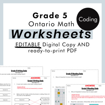 Preview of Grade 5 Ontario Math - FREE Coding Worksheets - PDF+FULLY Editable Google Slides
