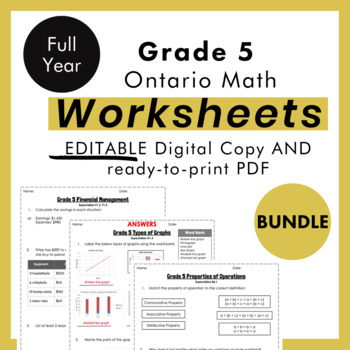 Preview of Grade 5 Ontario Math Curriculum FULL YEAR Worksheet Bundle (all expectations)