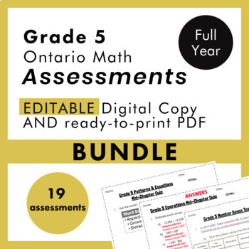 Preview of Grade 5 Ontario Math Curriculum Full Year Assessment Bundle (tests, quizzes)