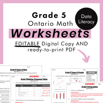 Preview of Grade 5 Ontario Math - Data Literacy Worksheets -PDF+FULLYEditable Google Slides