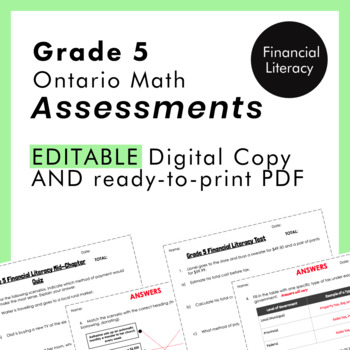 Preview of Grade 5 Ontario Math - Financial Literacy Assessments - PDF+Google Slides