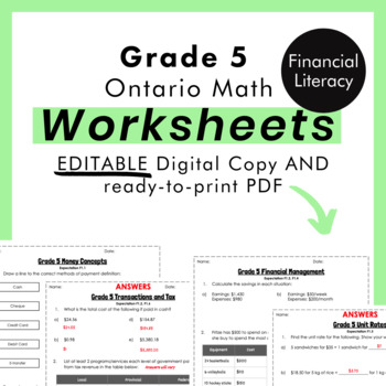 Preview of Grade 5 Ontario Math - Financial Literacy Worksheets -PDF+Editable Google Slides