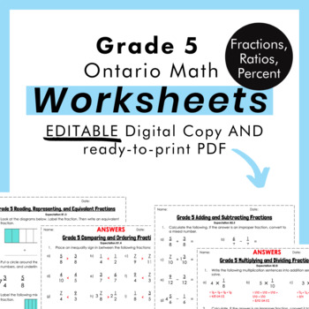 Preview of Grade 5 Ontario Math - Fractions,Ratios,Percent Worksheets - PDF+Google Slides