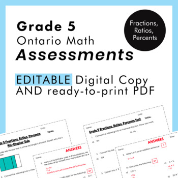 Preview of Grade 5 Ontario Math - Fractions, Ratios, Percent Assessments -PDF+Google Slides