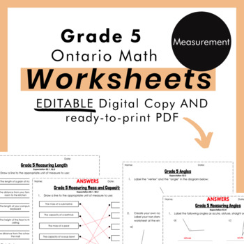 Preview of Grade 5 Ontario Math - Measurement Worksheets -PDF+FULLY Editable Googles Slides