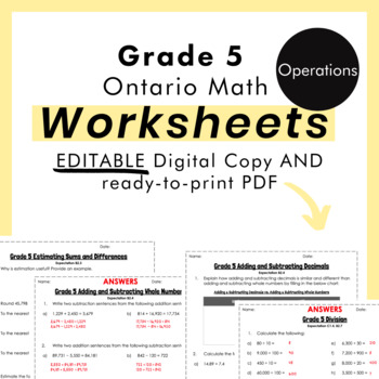 Preview of Grade 5 Ontario Math - Operations Worksheets - PDF +FULLY Editable Google Slides