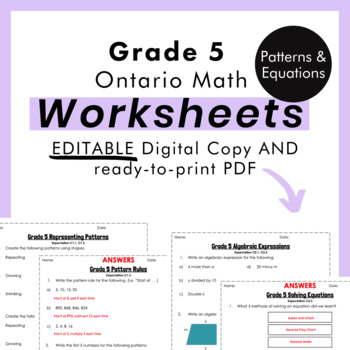 Preview of Grade 5 Ontario Math - Patterns&Equations Worksheets -PDF+Editable Google Slides