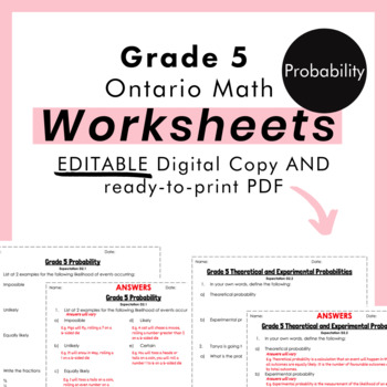 Preview of Grade 5 Ontario Math - Probability Worksheets - PDF+FULLY Editable Google Slides