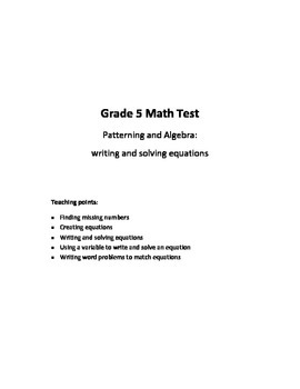 Grade 5 Patterning and Algebra Test: Writing and Solving Equations
