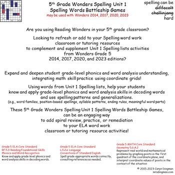 Preview of 5th Grade Wonders Spelling Unit 1 Spelling Words Battleship Games