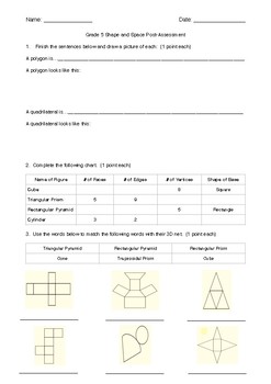 Preview of Grade 5 - Shape & Space - Geometry & Measurement - Pre & Post-Assessment (Test)