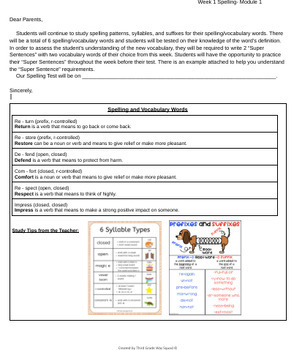 Preview of Grade 5 Week 1: Spelling Words Letter for Parents (Bookworms Supplement)