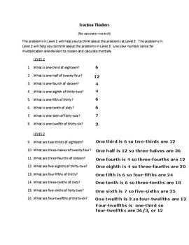 Preview of Grade 5 and 6 Fraction Thinkers Answer Key