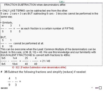 Preview of Grade 5 FRACTIONS UNIT 3: [Subtract w/different denoms]-4 worksheets, 7 quizzes