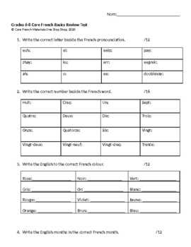 Preview of Grade 6-8 Core French Basics Review Test