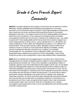 Preview of Grade 6 Core French Report Comments.