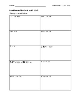 Grade 6 Decimal and Fraction Worksheet