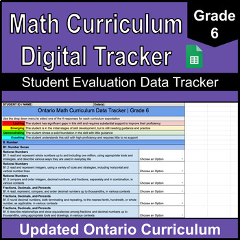 Preview of Grade 6 Digital Math Data Tracker | Ontario Math Curriculum | Google Sheets