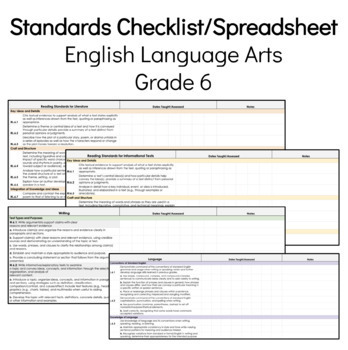 Preview of Grade 6 ELA Standards Checklist/Spreadsheet 