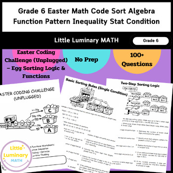 Preview of Grade 6 Easter Math Code Sort Algebra Function Pattern Inequality Stat Condition
