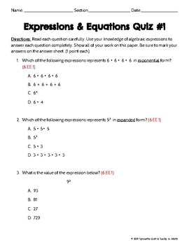 Preview of Grade 6 | Expressions & Equations Math Quiz | Quiz #1 | Engage NY | EDIT | FREE