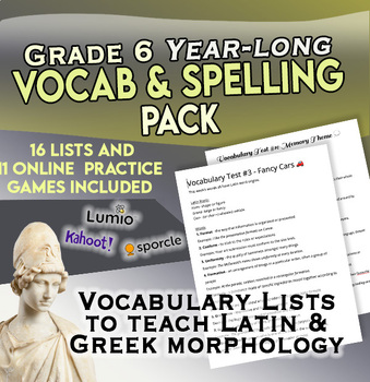 Preview of Grade 6 FULL YEAR Vocabulary Test Pack | Latin & Greek Roots | Study Sheets