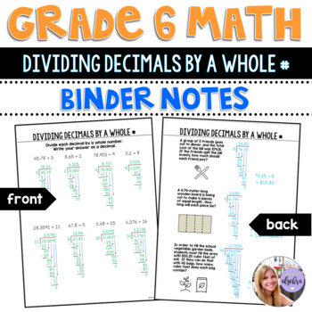 grade 6 math dividing decimals by a whole number binder notes worksheet