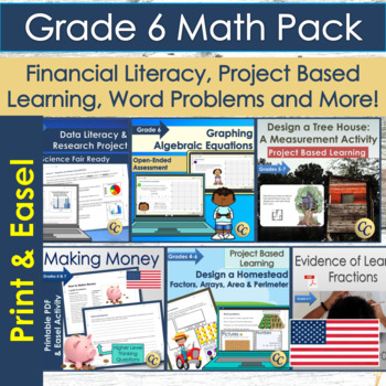 Preview of Grade 6 Math Pack with PBL, Data and Financial Literacy| For Print and Easel