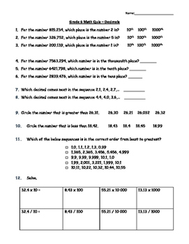 Grade 6 Math Quiz or Test - Decimals by The Country ...