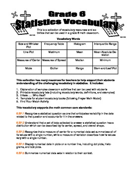 Preview of Grade 6 Math - Statistics Vocabulary Activities - Printables - Common Core