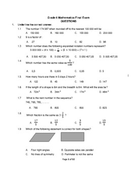 6th grade math test answers