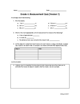 Preview of Grade 6 Measurement Quiz/Test Version 1 (At Grade Level)